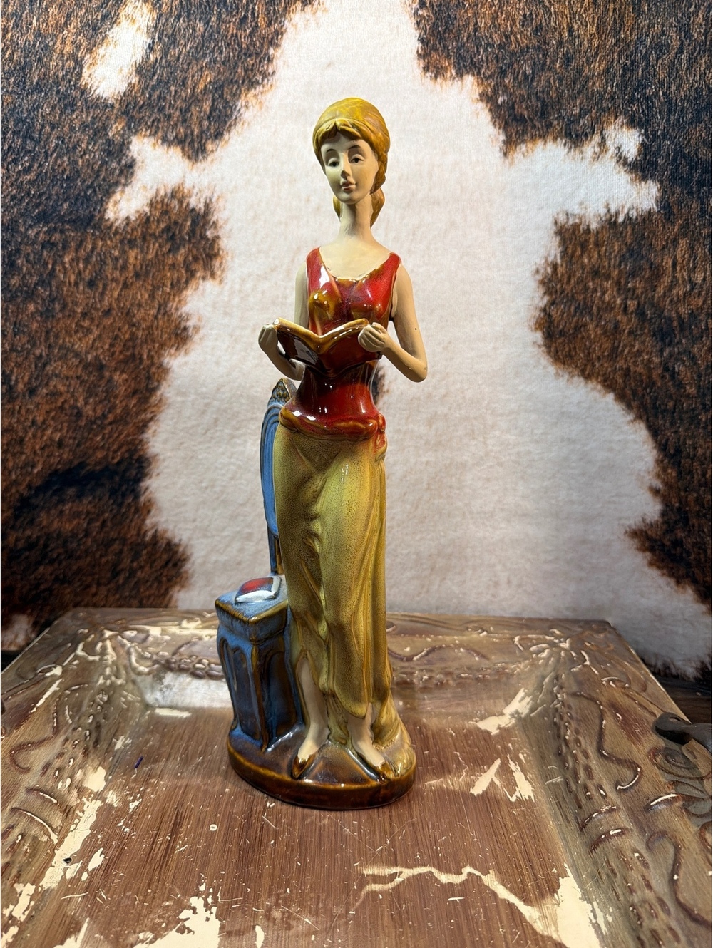Vintage Ceramic Figurine of Woman Reading by Chair